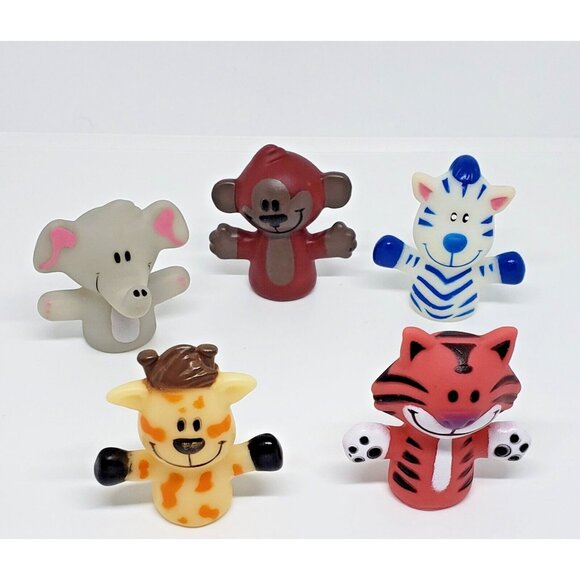 5 Playtex Baby Bath Plastic Finger Puppets Elephant Monkey Giraffe & 2 Tigers - Picture 1 of 3